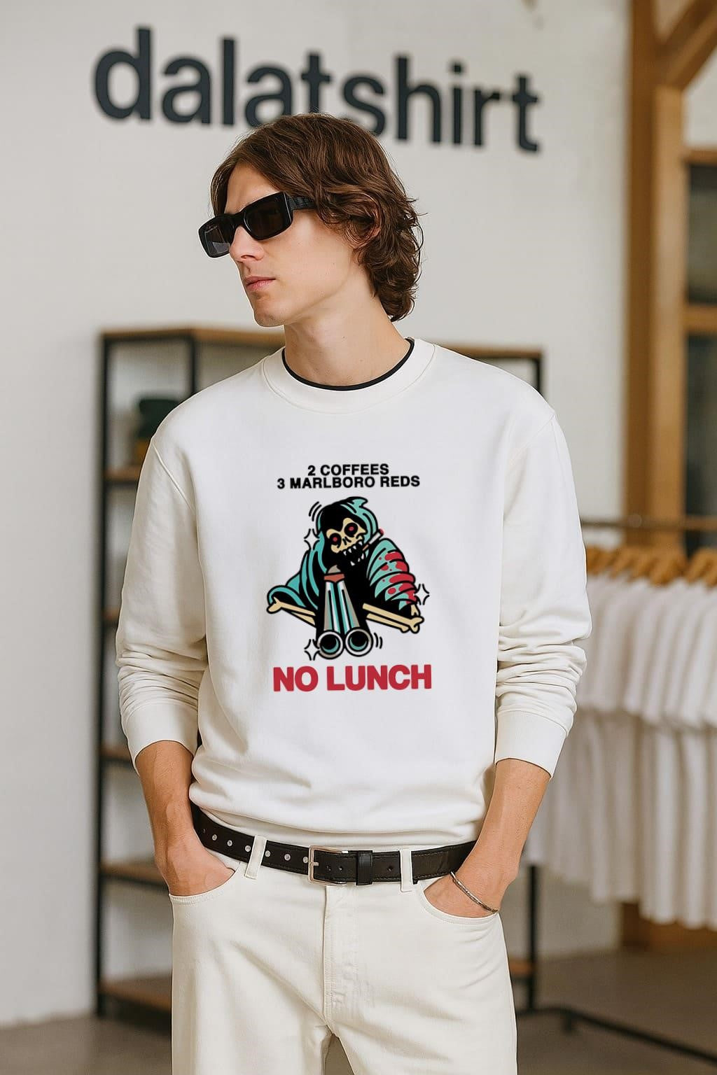 2 Coffees 3 Marlboro Reds Skeleton Holding Shotgun No Lunch shirt