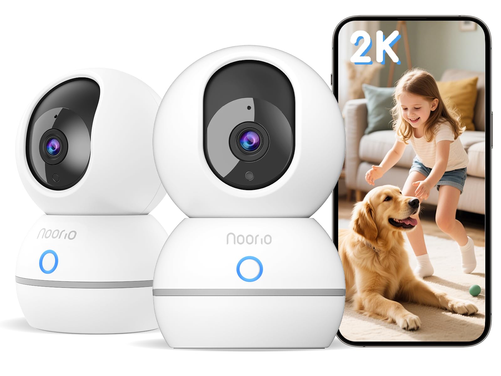 Noorio Security Camera 2K, Baby Monitor Dog Camera 360-degree for Home Security/Smart Motion Tracking, Phone App, IR Night Vision, Siren, Compatible with Alexa, 2-Way Audio, CS201