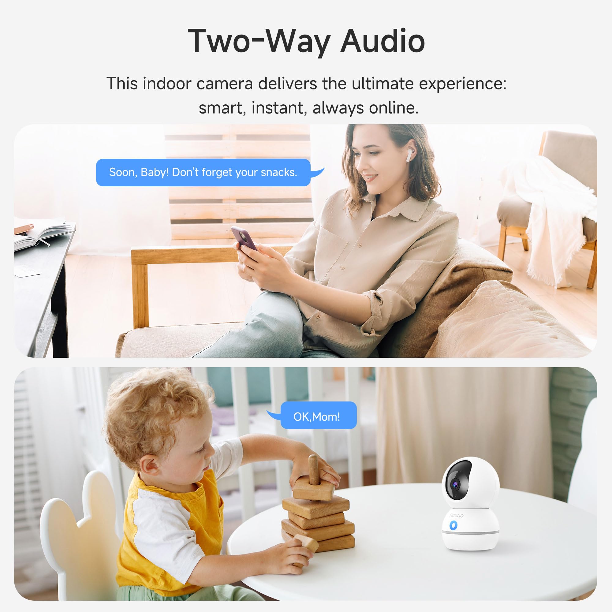 Noorio Security Camera 2K, Baby Monitor Dog Camera 360-degree for Home Security/Smart Motion Tracking, Phone App, IR Night Vision, Siren, Compatible with Alexa, 2-Way Audio, CS201