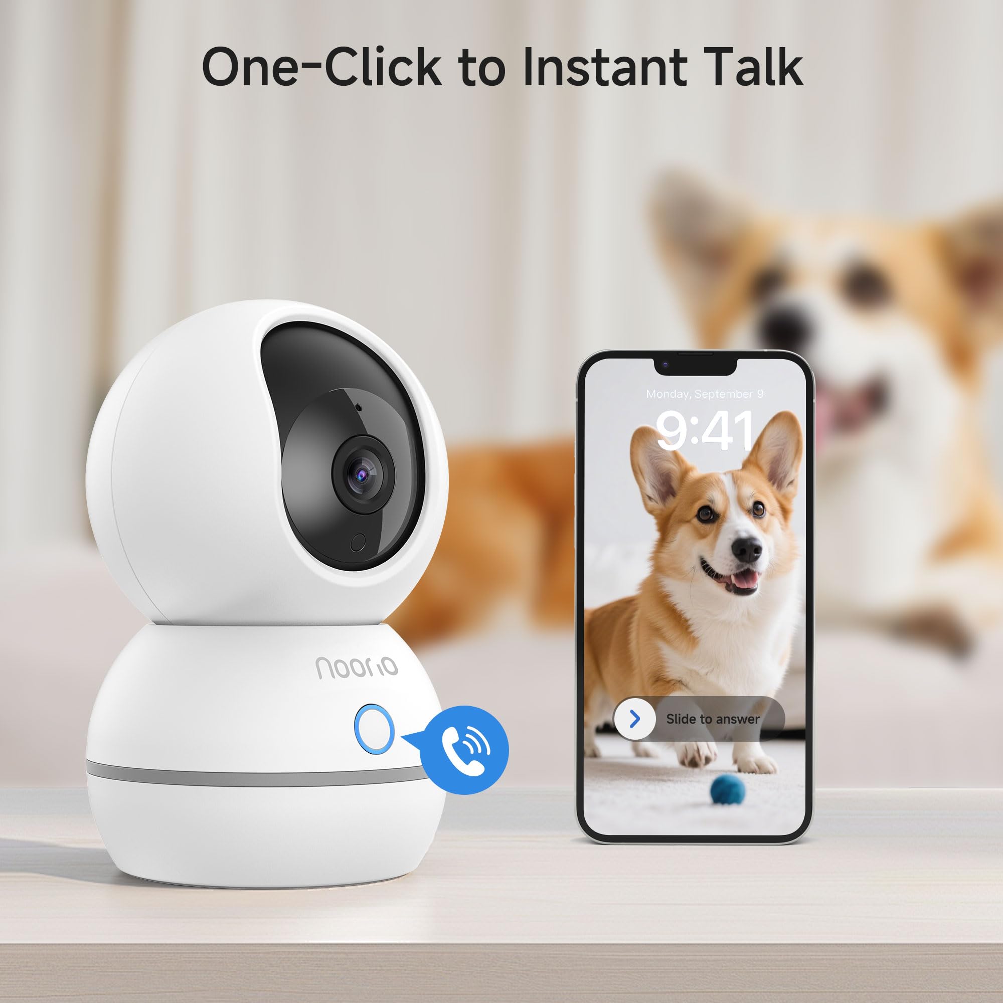 Noorio Security Camera 2K, Baby Monitor Dog Camera 360-degree for Home Security/Smart Motion Tracking, Phone App, IR Night Vision, Siren, Compatible with Alexa, 2-Way Audio, CS201