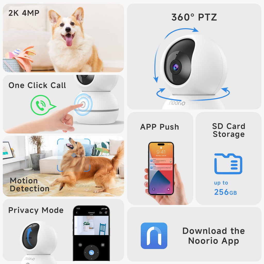 Noorio Security Camera 2K, Baby Monitor Dog Camera 360-degree for Home Security/Smart Motion Tracking, Phone App, IR Night Vision, Siren, Compatible with Alexa, 2-Way Audio, CS201