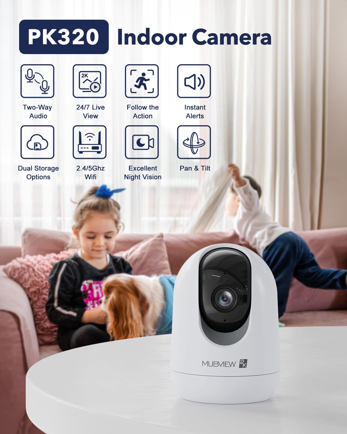Indoor Security Camera 2K, Pet Camera with Phone App, WiFi Cameras for Home Security Camera for Dog/ Baby Monitor/Elder Pan Tilt, 5/2.4GHz, 24/7, 2-Way Talk, Human Detection, Motion Tracking, Cloud
