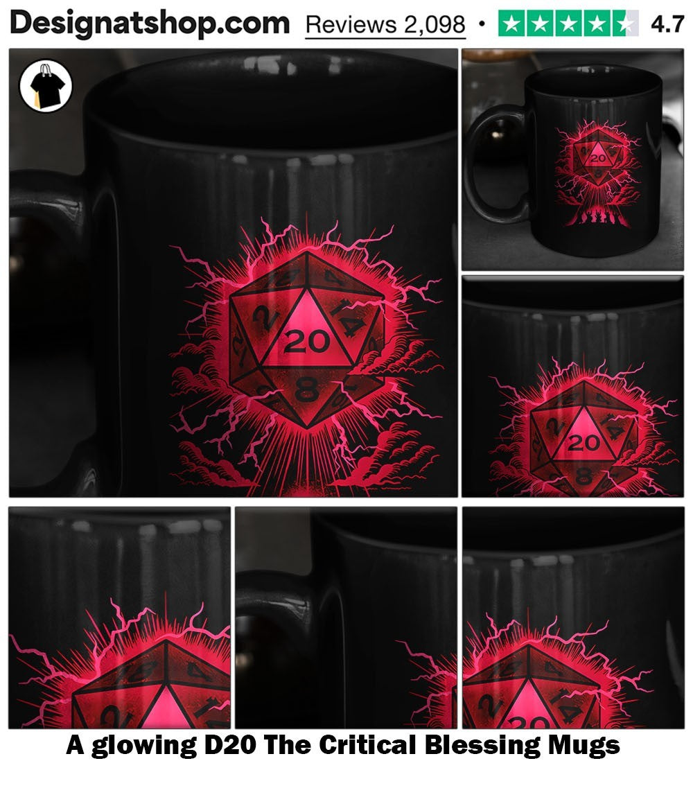 A glowing D20 The Critical Blessing shirt