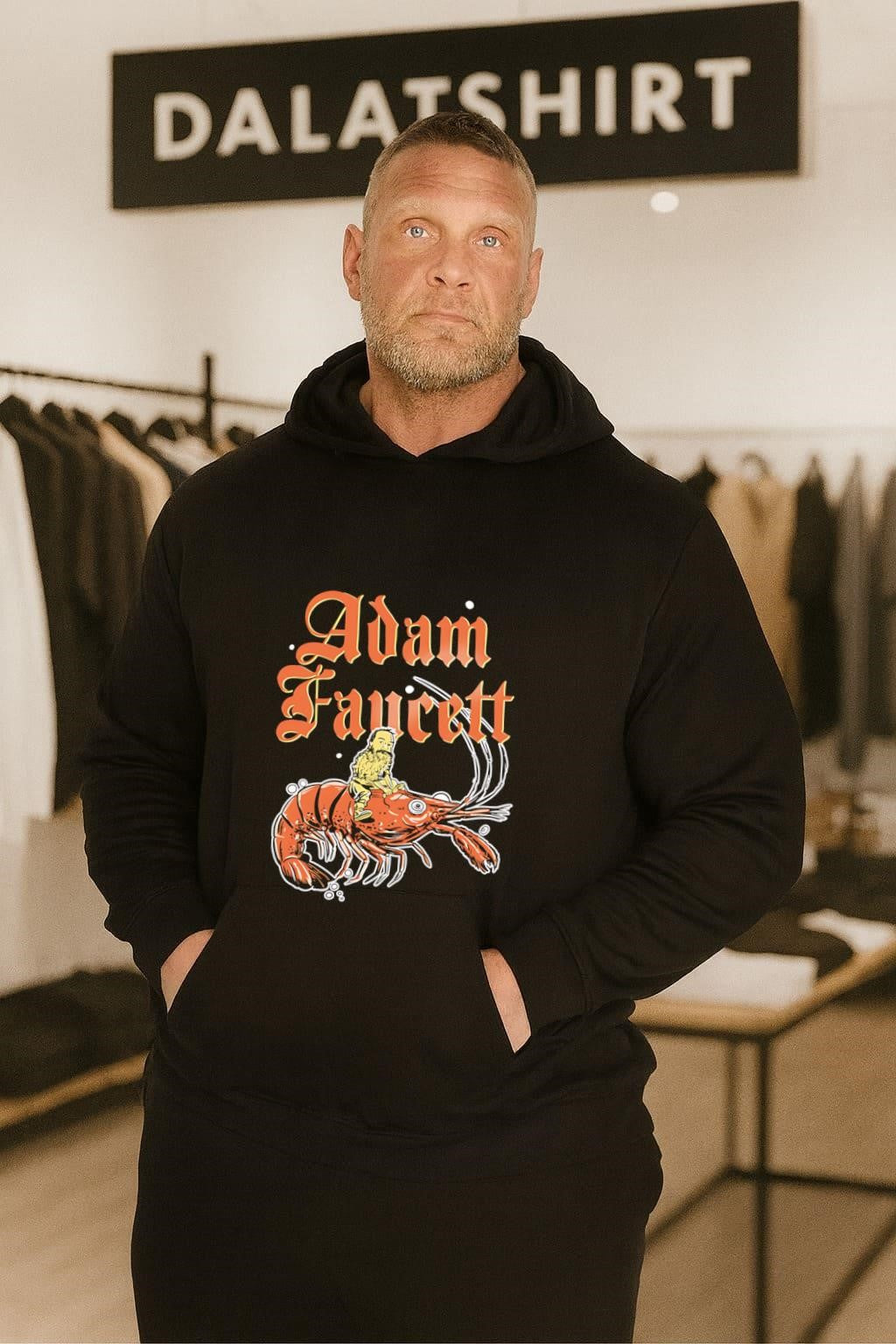 Adam Faucett Man with Beard Riding Giant Shrimp shirt