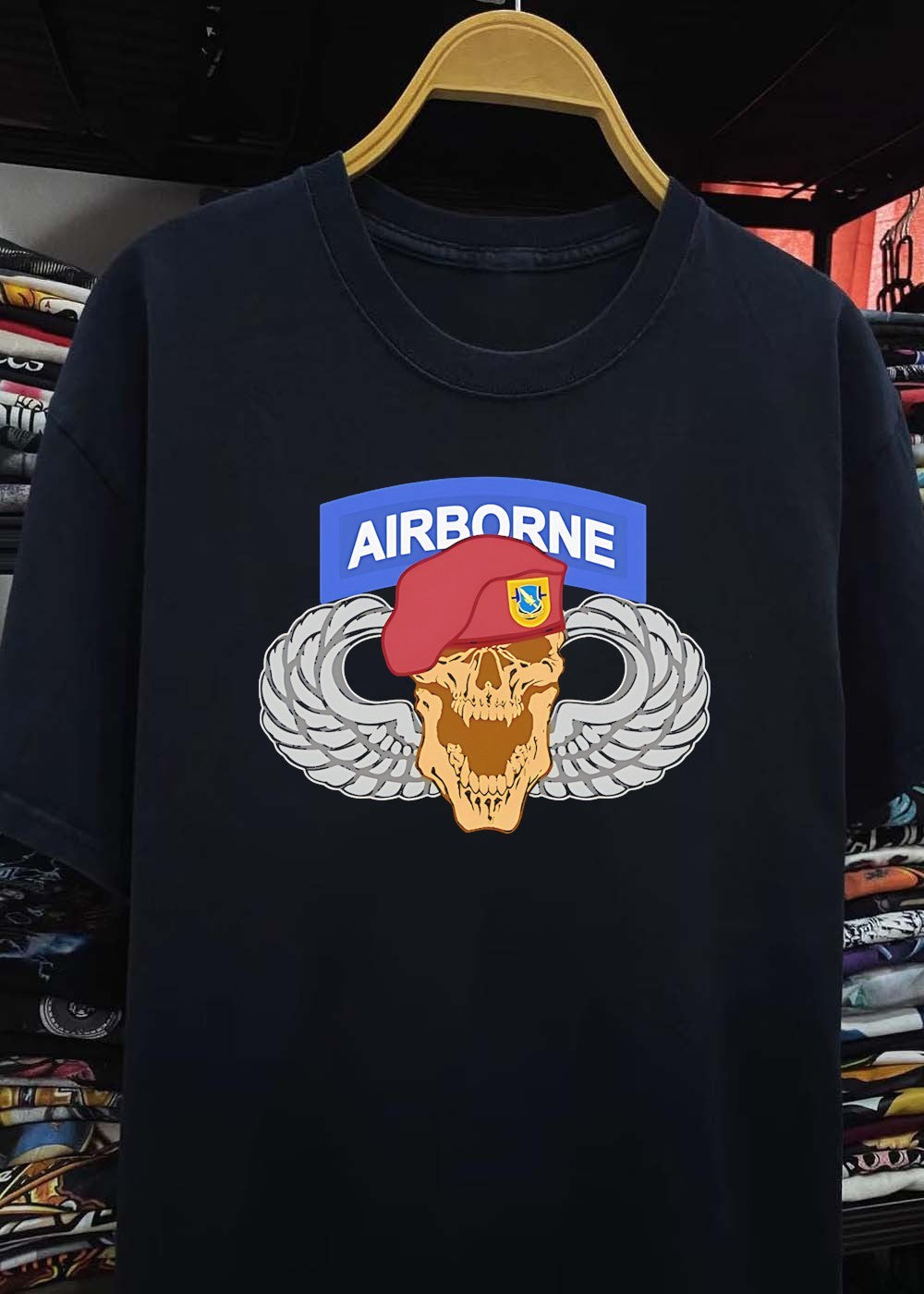 Airborne Skull Maroon Beret and Parachutist Wings Military Graphic T-Shirt