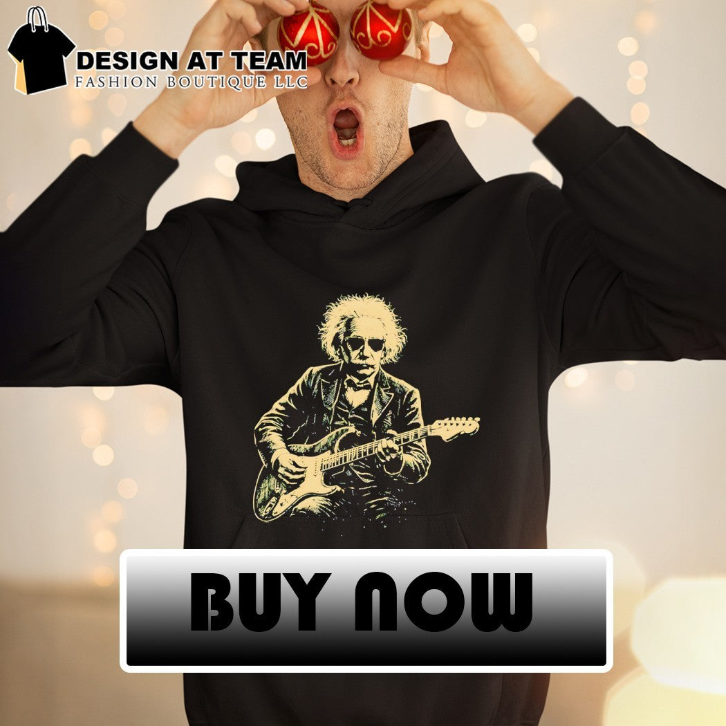 Albert Einstein playing electric guitar in a formal suit vintage shirt