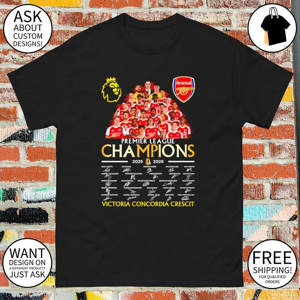 Arsenal FC 2025-2026 Premier League Champions Victoria Concordia Crescit signatures shirt