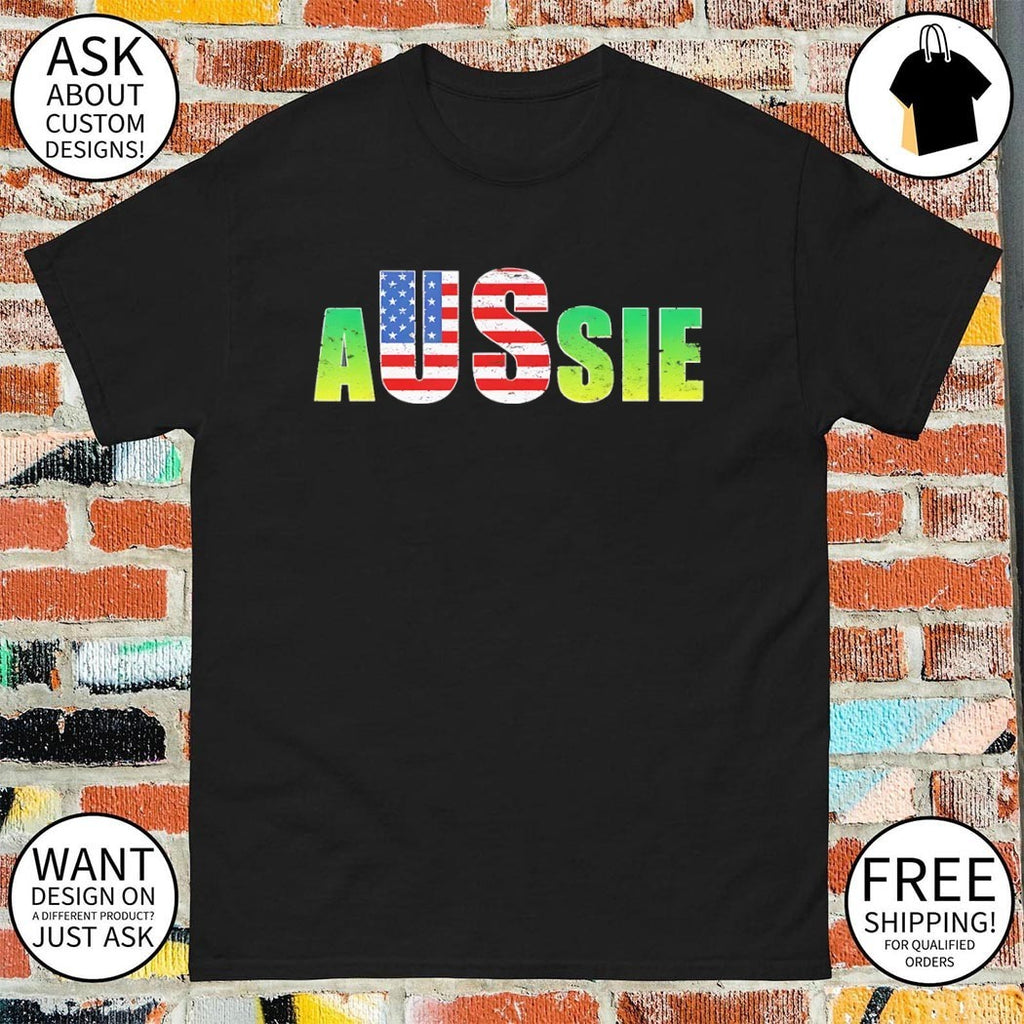 Aussie American flag US and Australian green themed word shirt