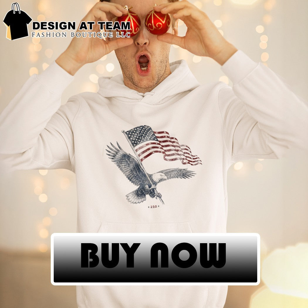 Bald Eagle clutching American flag with 250 printed on this commemorative shirt