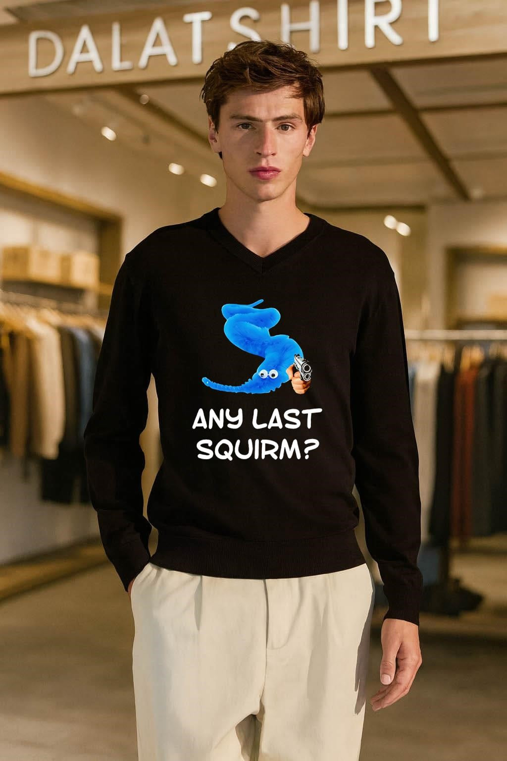 Blue Worm On A String Holding Gun Any Last Squirm shirt