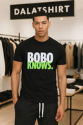 Bobo Knows Silver And Green Bold Text shirt