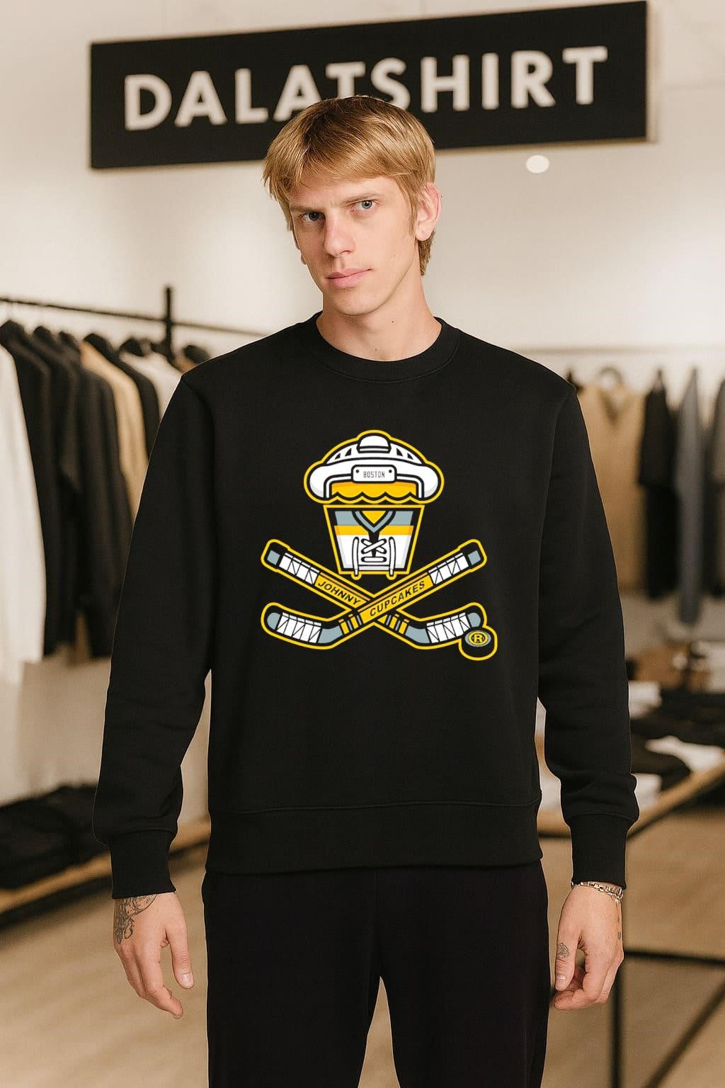 Boston Johnny Cupcakes Hockey Jersey Cross Sticks Puck Logo shirt