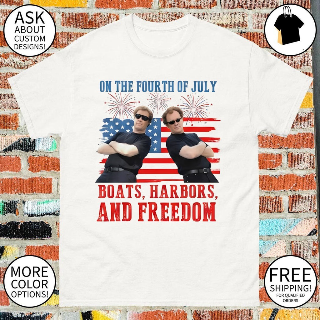 Brennan Huff and Dale Doback on the fourth of July Boats Harbors and Freedom shirt