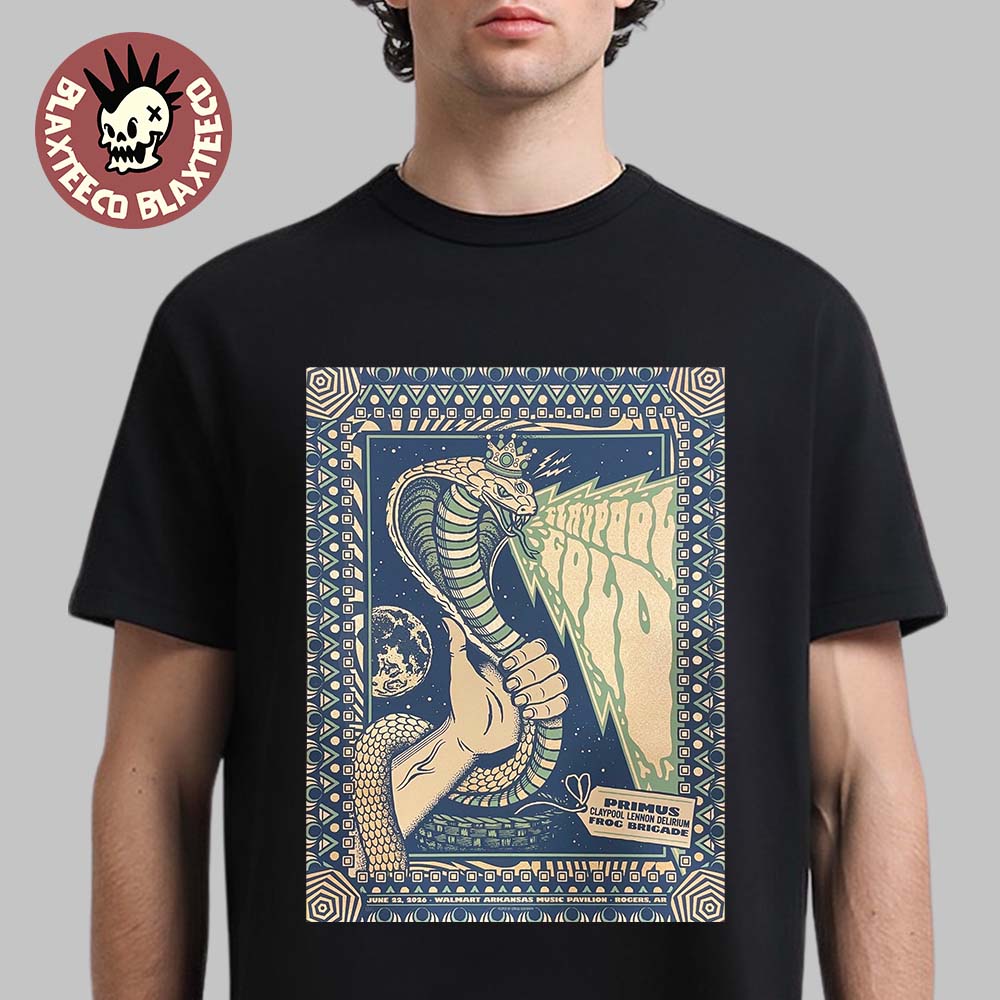 Claypool Gold Primus Claypool Lennon Delirium And Frog Brigade Rogers Arkansas 2026 Event Poster At Walmart Arkansas Music Pavilion On June 22 2026 T-Shirt