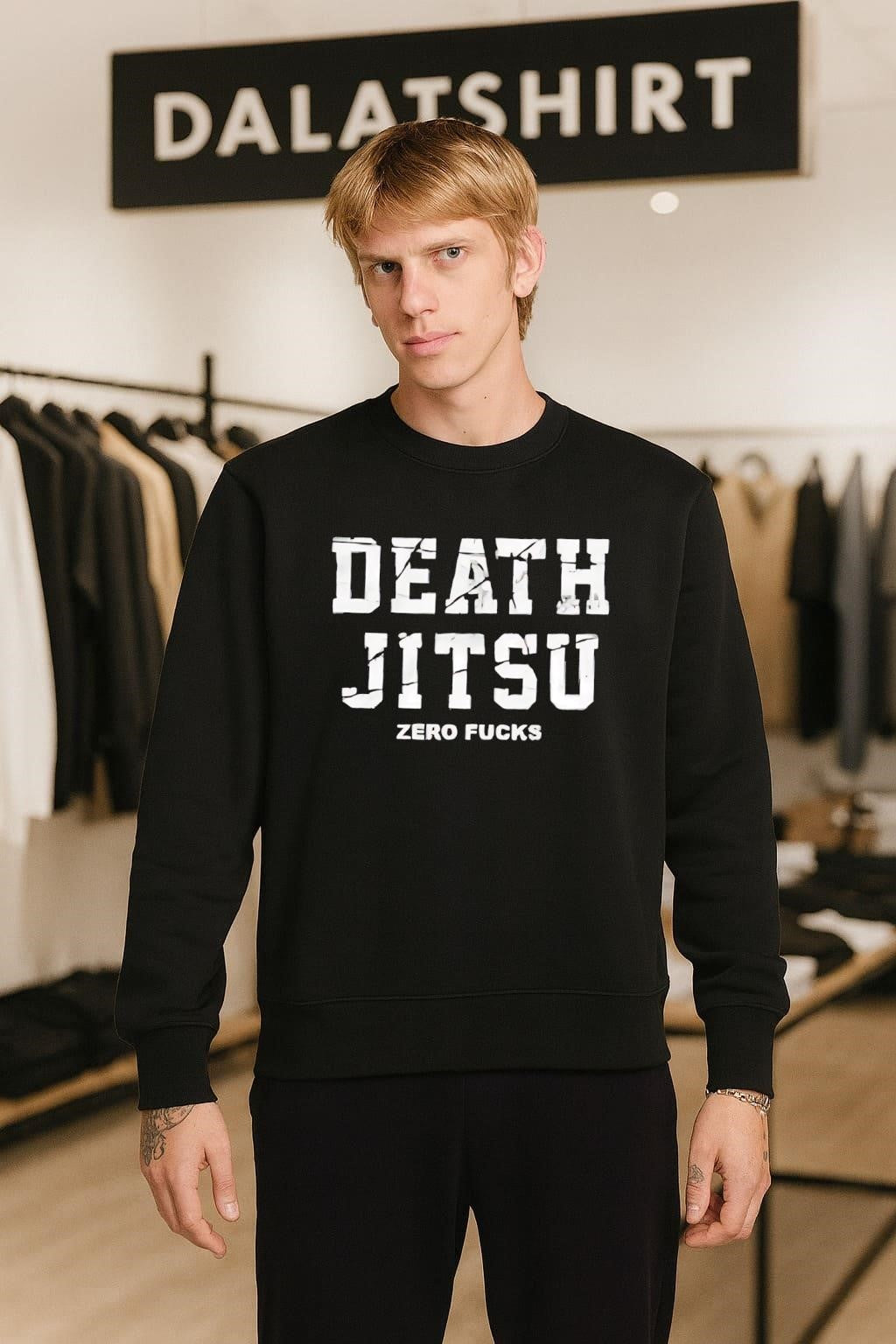 Death Jitsu Zero Fucks Distressed White Block Letters shirt