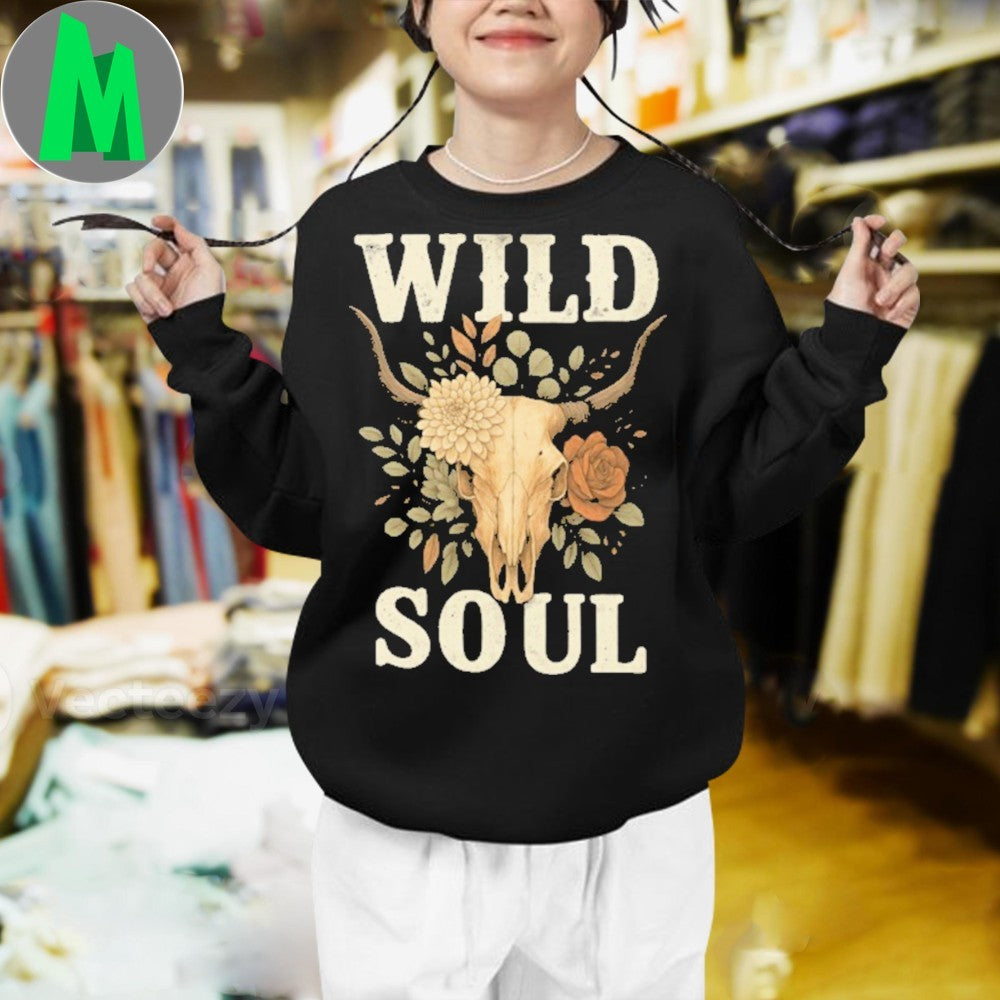 Design Wild Soul Boho Floral Bull Skull Shirt