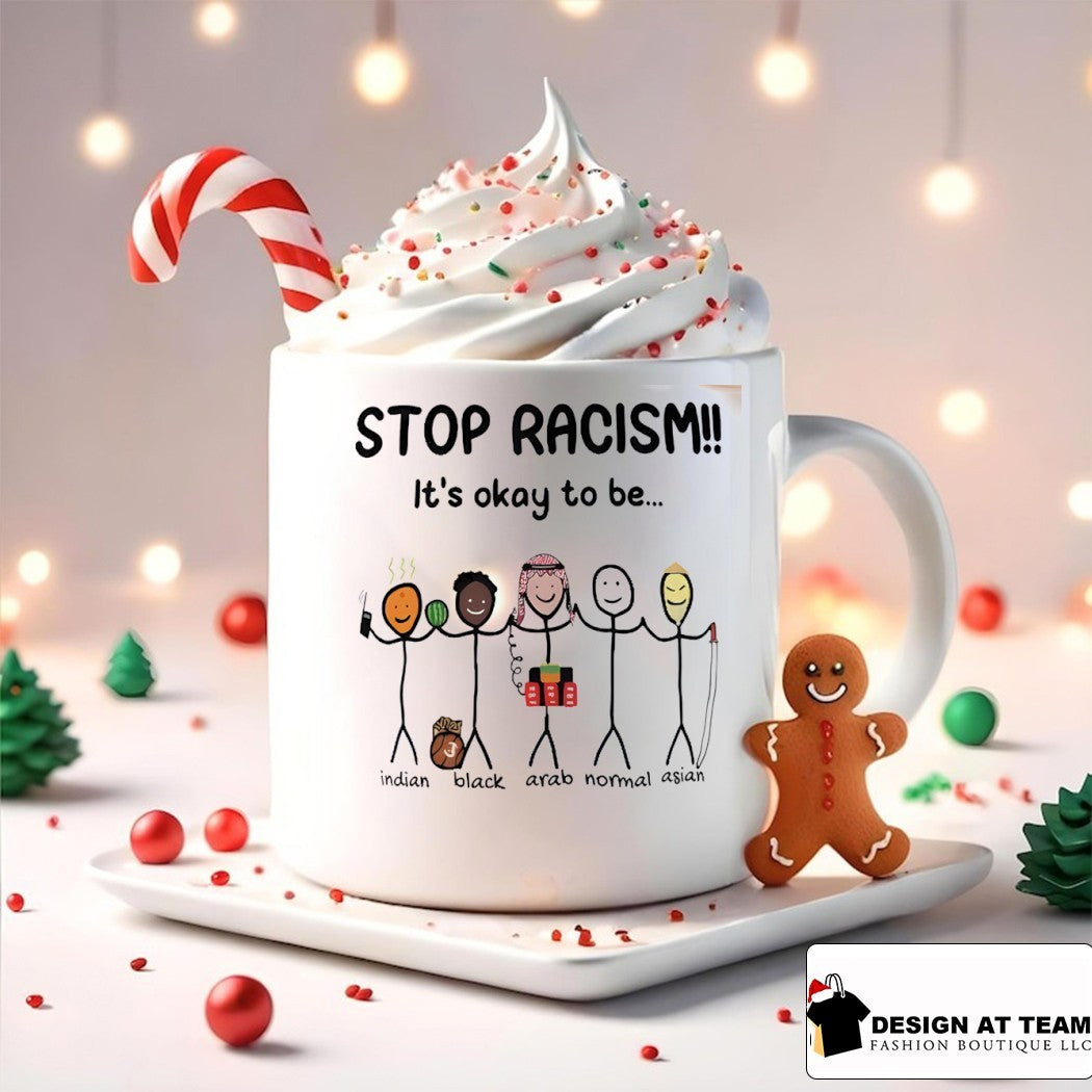 Diverse ethnicities holding hands in stop racism it’s okay to be shirt