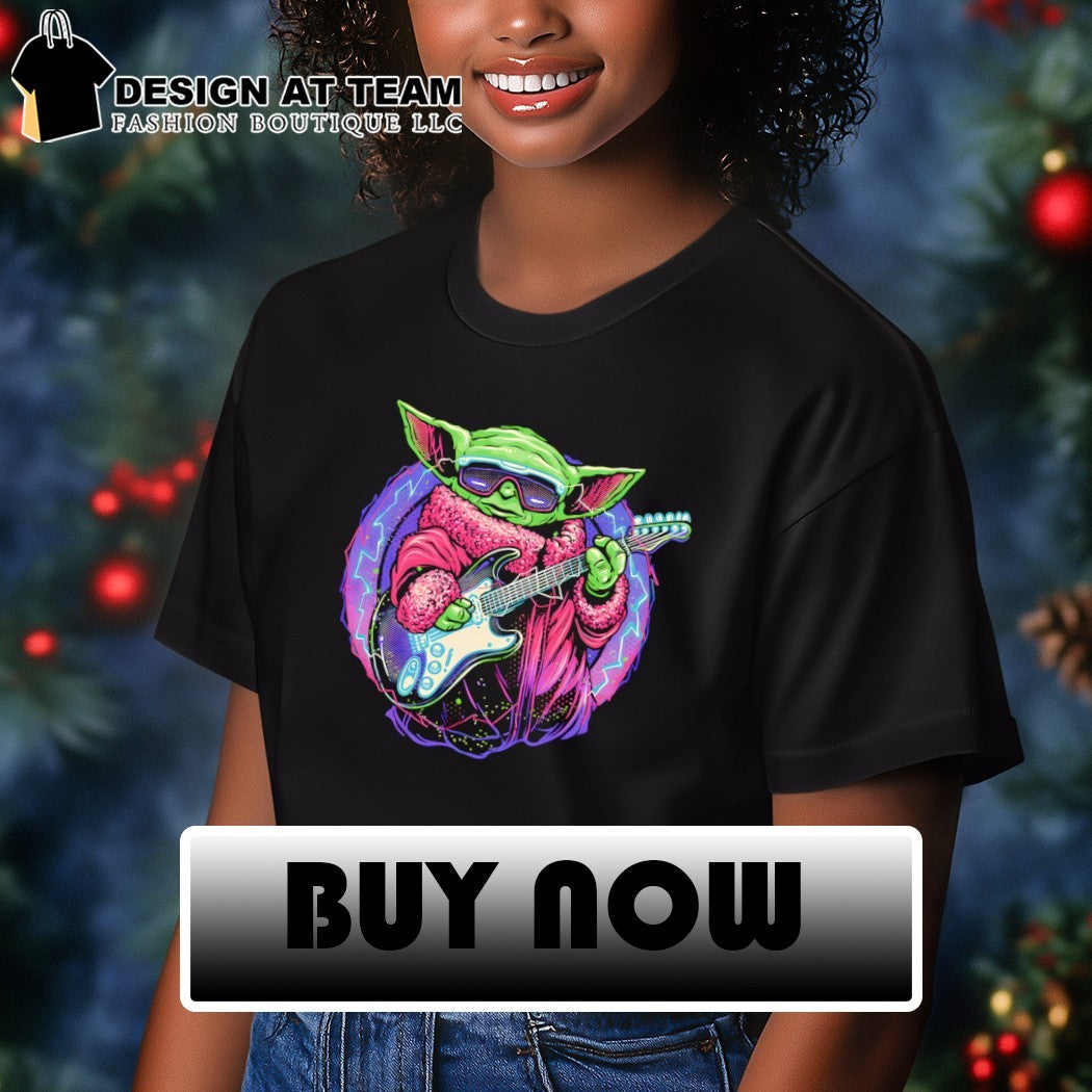 Electric Galaxy Grogu with a guitar shirt