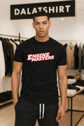 Engine Masters red and white slanted block typography shirt