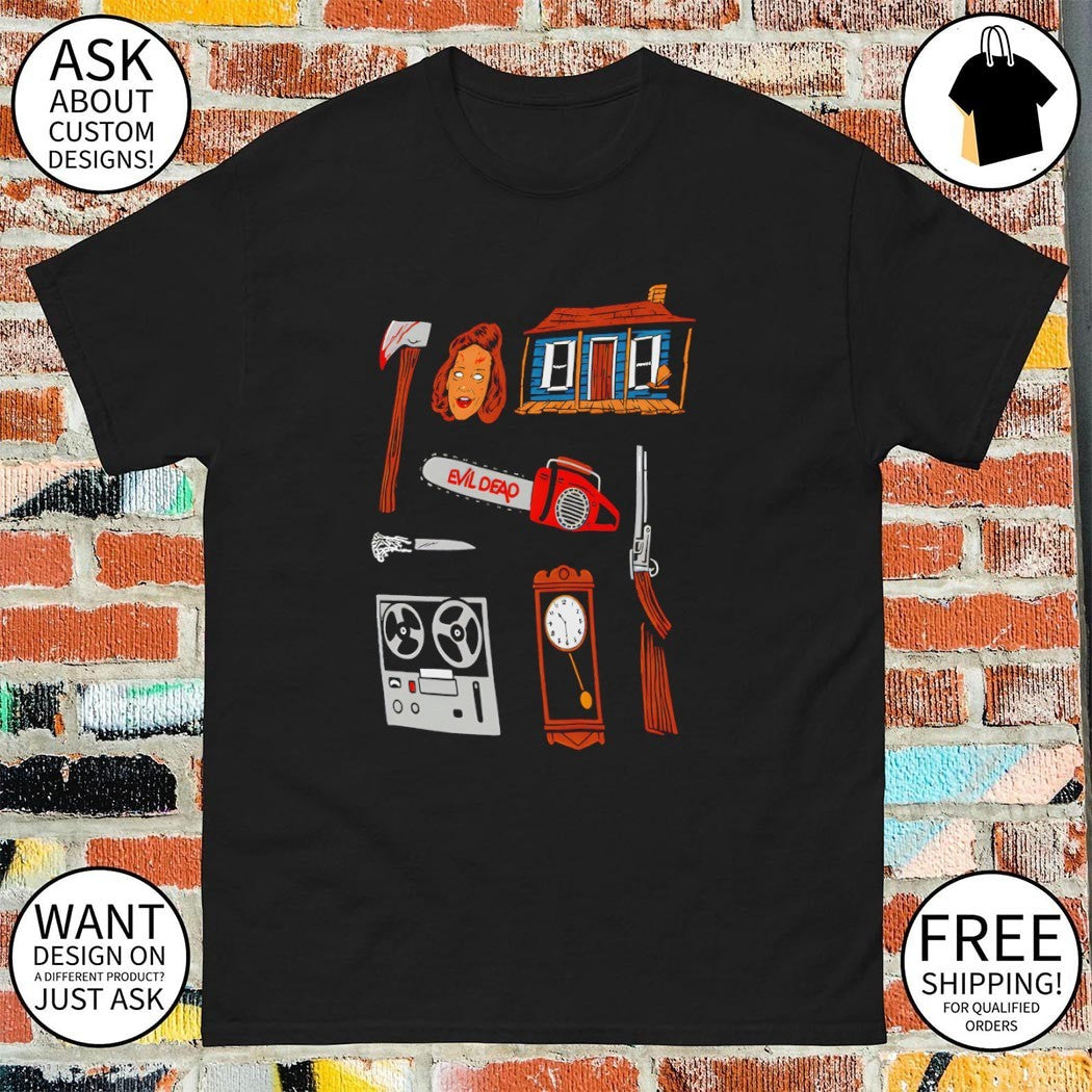 Evil Dead Cabin ax deadite chainsaw shotgun tape recorder clock meme shirt