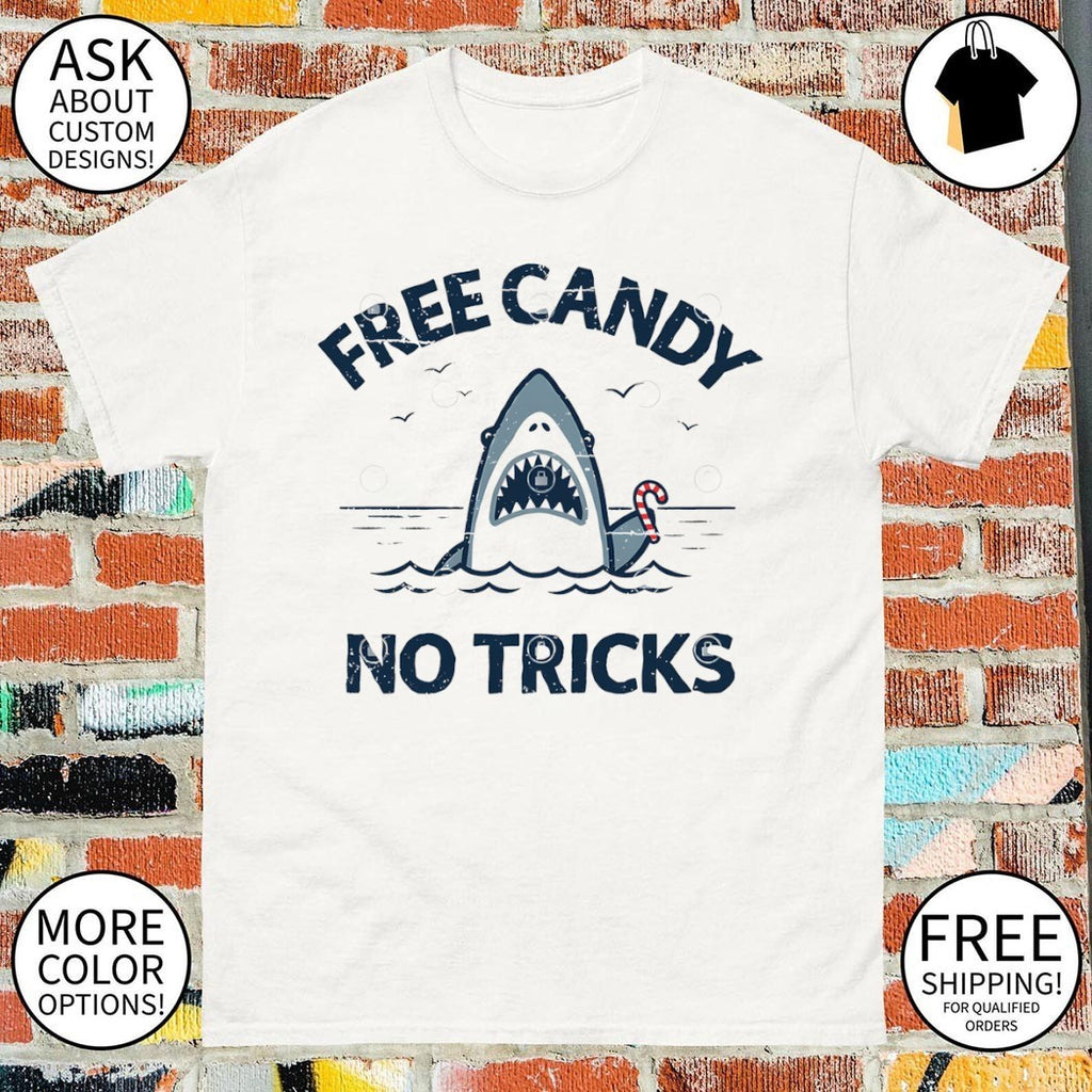 Free candy no tricks trust the shark with the candy cane shirt