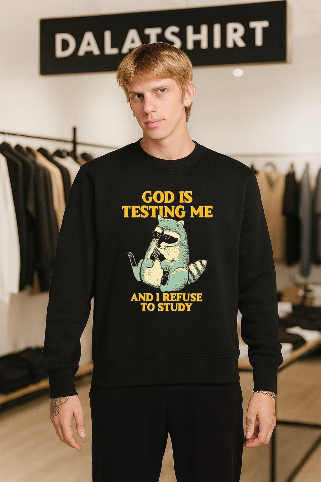 God Is Testing Me And I Refuse To Study Funny Raccoon Student shirt