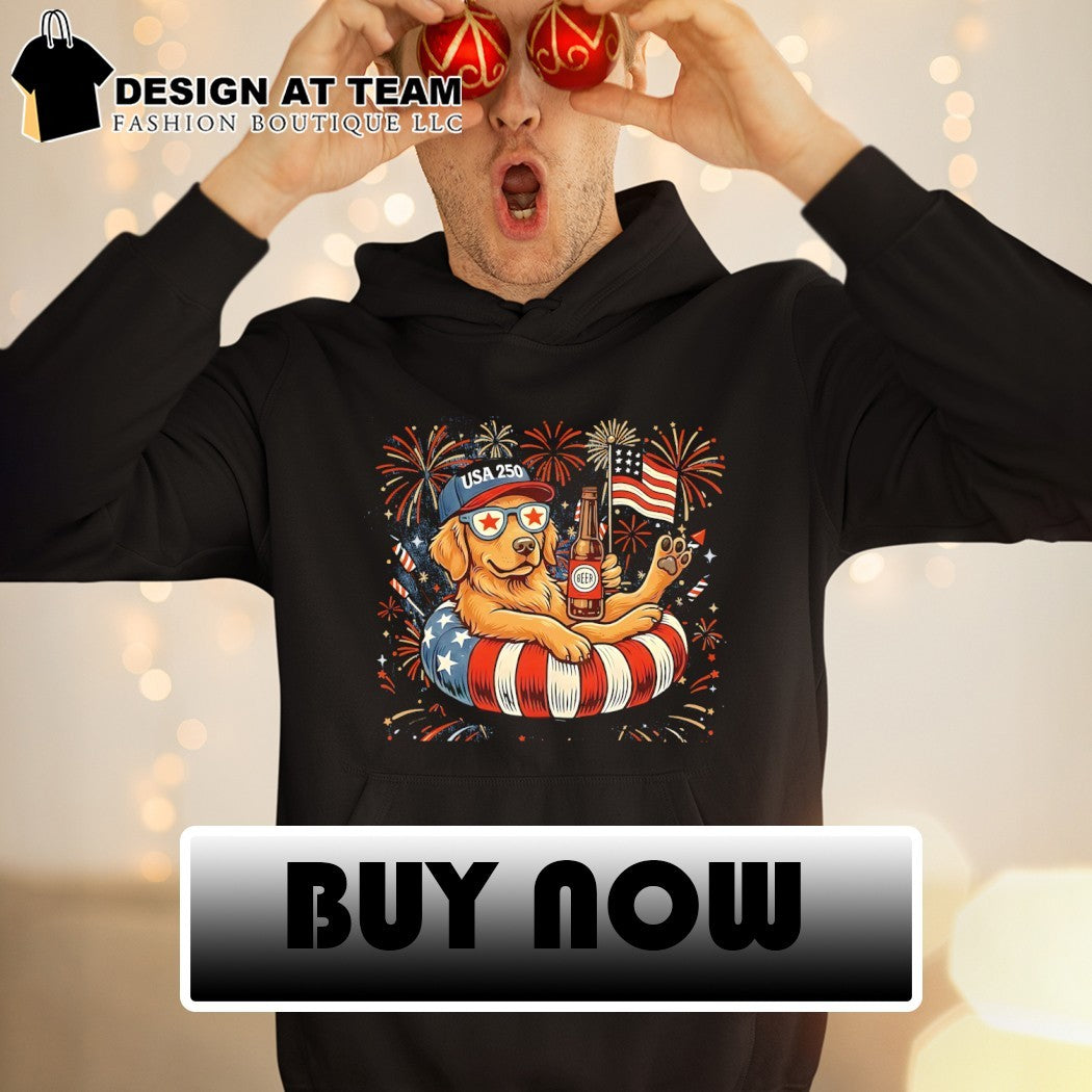 Golden Retriever dog holding beer USA 250 firework American flag 4th of July shirt