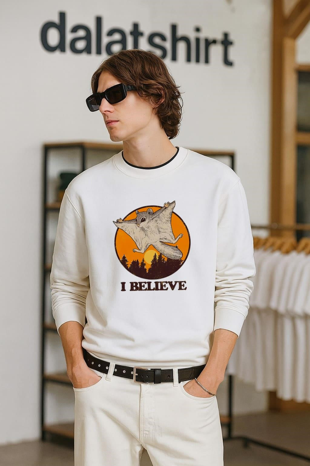 I Believe Flying Squirrel Gliding Over Forest Sunset Silhouette Vintage shirt