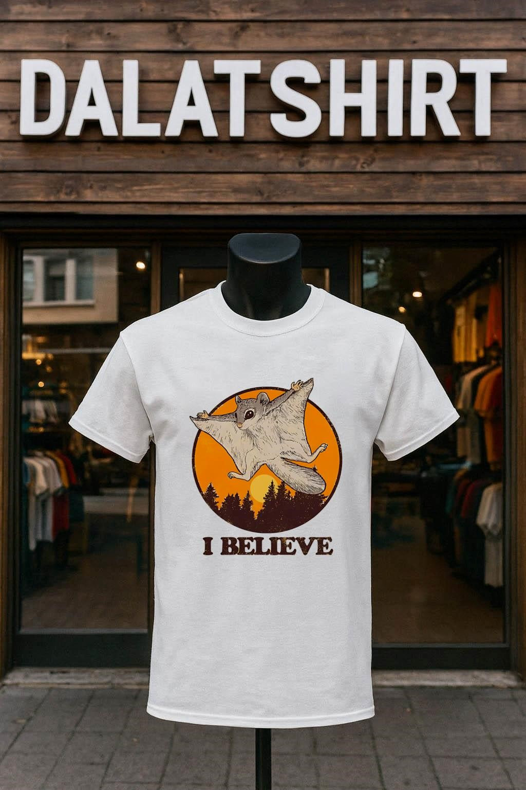 I Believe Flying Squirrel Gliding Over Forest Sunset Silhouette Vintage shirt
