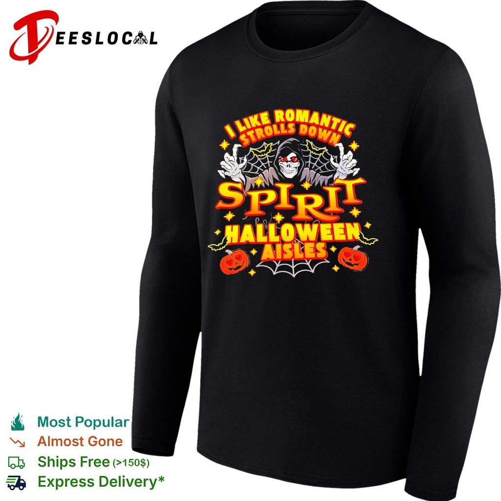 I like romantic strolls down Spirit Halloween aisles Grim Reaper pumpkin shirt