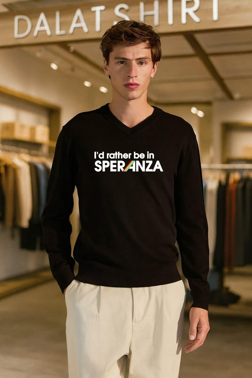 I’d Rather Be In Speranza Text with Retro Rainbow Stripes shirt