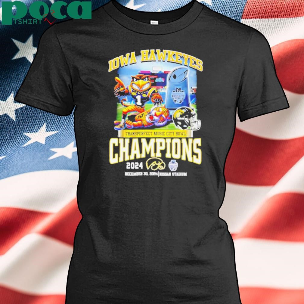 Iowa Hawkeyes Transperfect Music Bowl Champions 2025 mascot trophy shirt