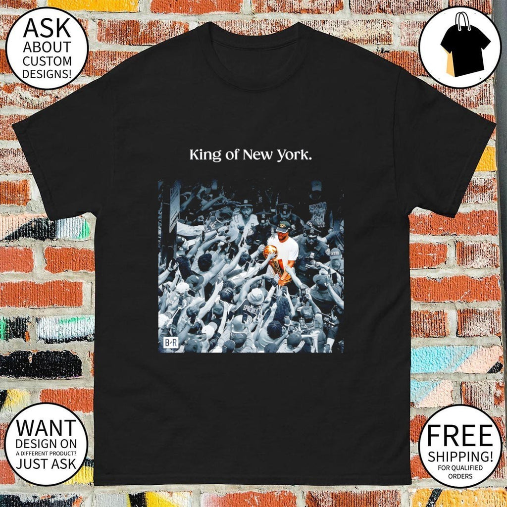 Jalen Brunson NBA trophy holding fan crowd celebration King of New York shirt