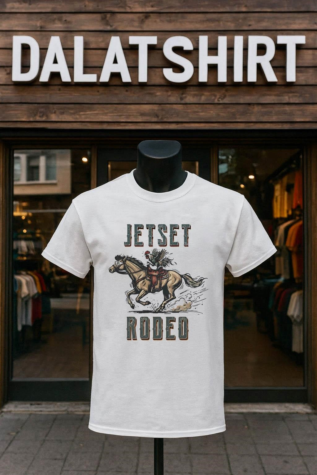 Jetset Rodeo Rooster Riding Galloping Horse with Sunglasses Funny shirt