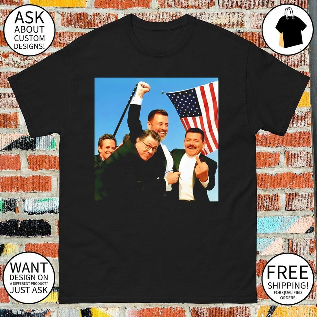 Jimmy Kimmel Jon Stewart Stephen Colbert middle finger fight fight fight American flag shirt