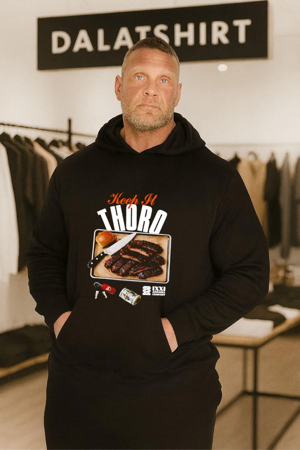 Keep It Thoro barbecue ribs with knife and money shirt