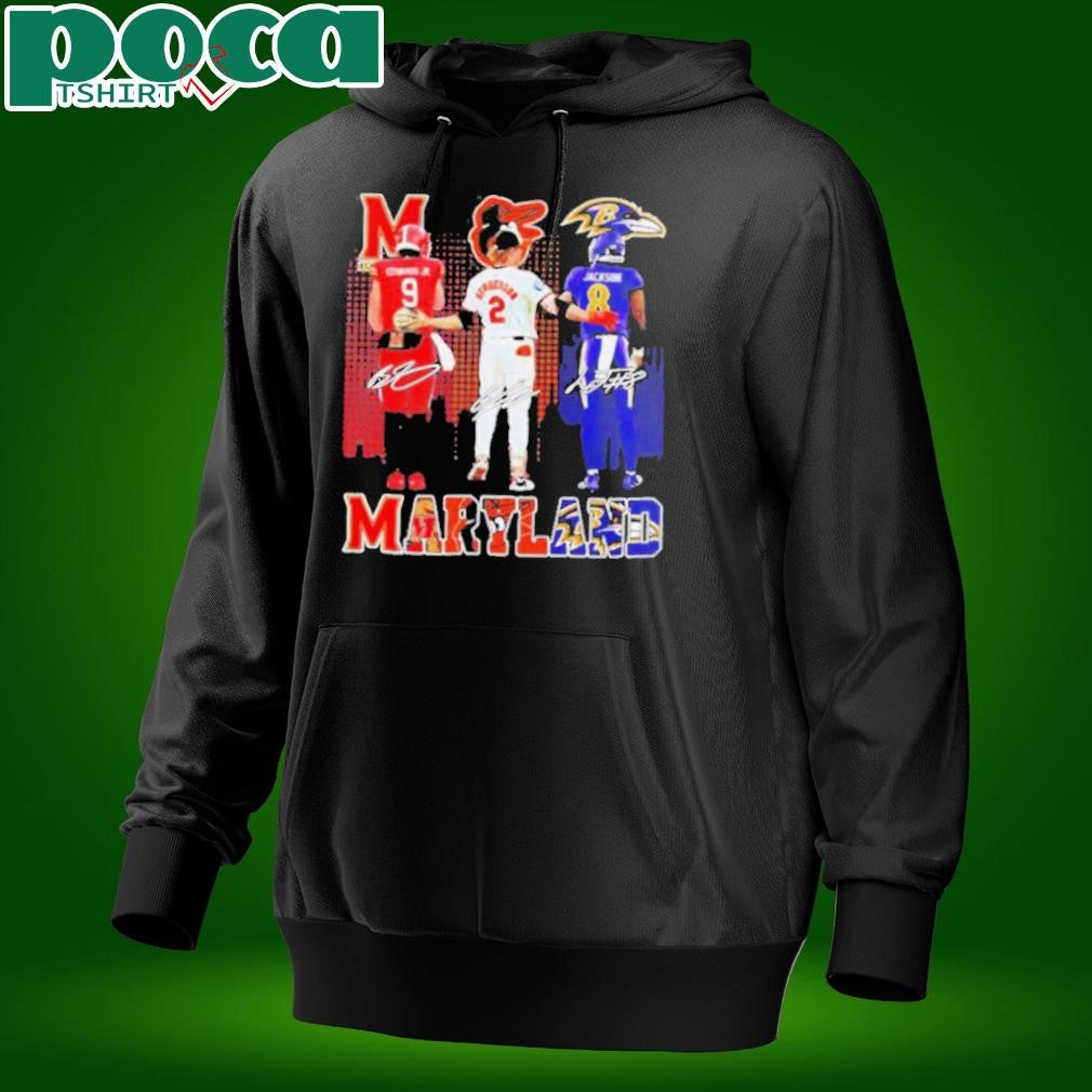 Maryland city skyline Maryland Terrapins Baltimore Orioles and Baltimore Ravens sports signatures shirt