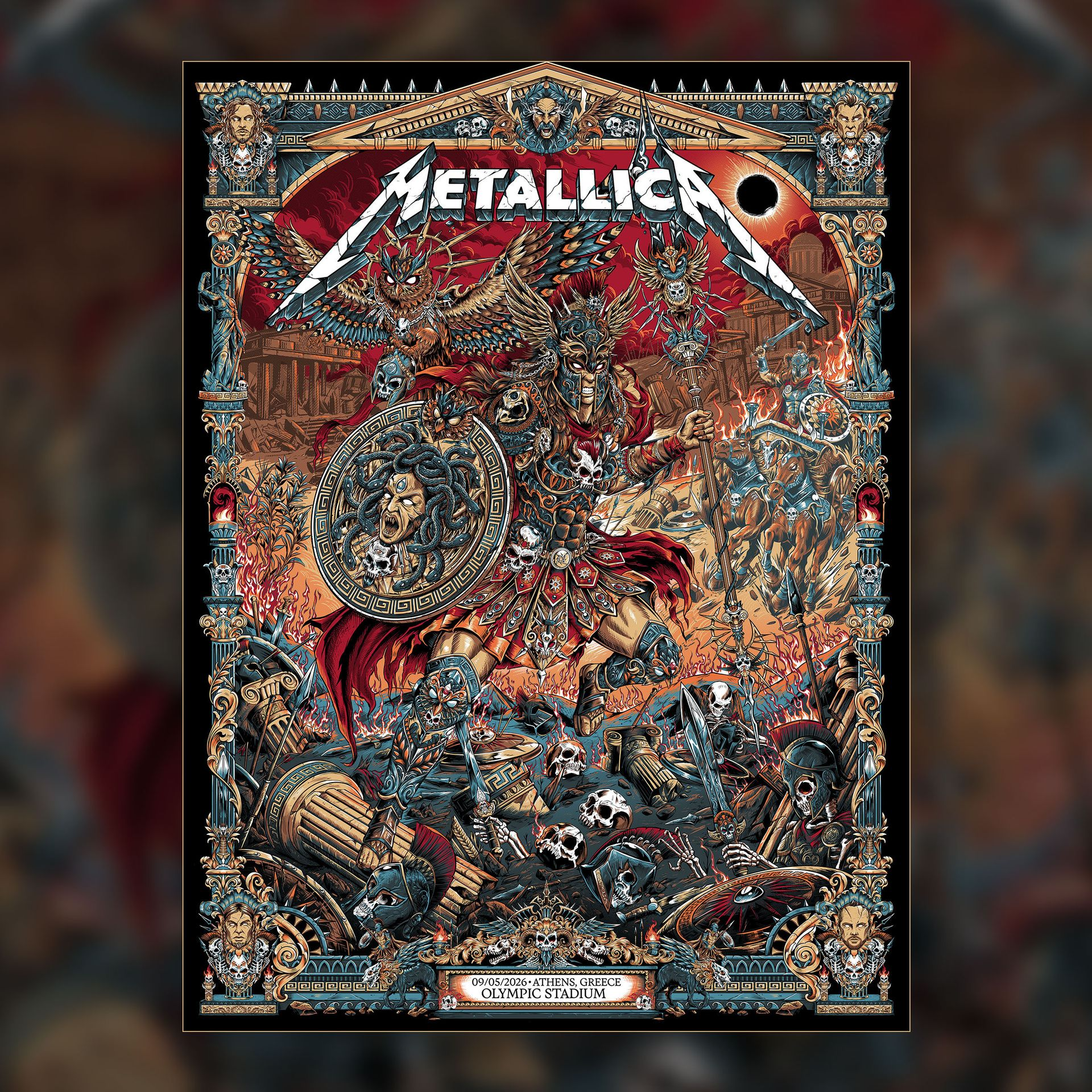 Metallica M72 Athens 2026 Venue Poster At Greece Olympic Stadium On May 9 2026 The Warrior With Medusa Shield Art By Juan Ma Orozco Poster