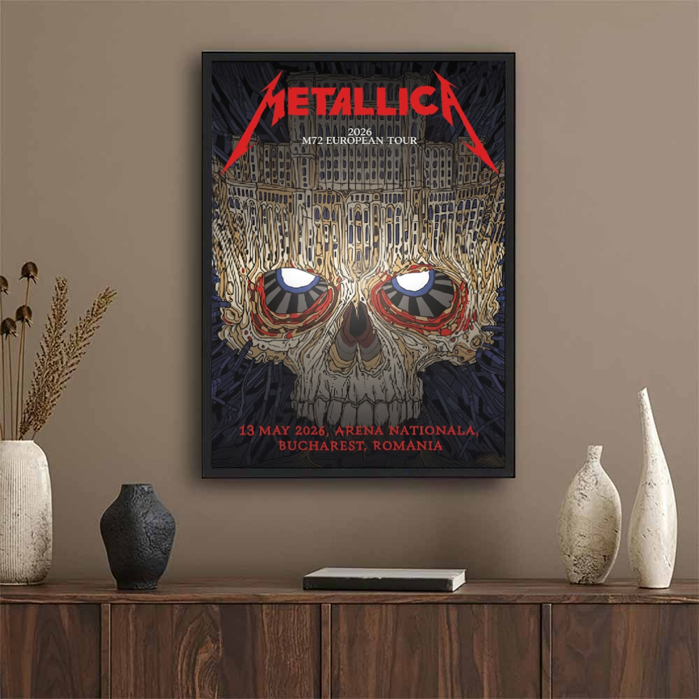 Metallica 2026 M72 European Tour May 13, 2026 Arena Nationala, Bucharest , Romania Palace Of Parliament Skull Art Poster