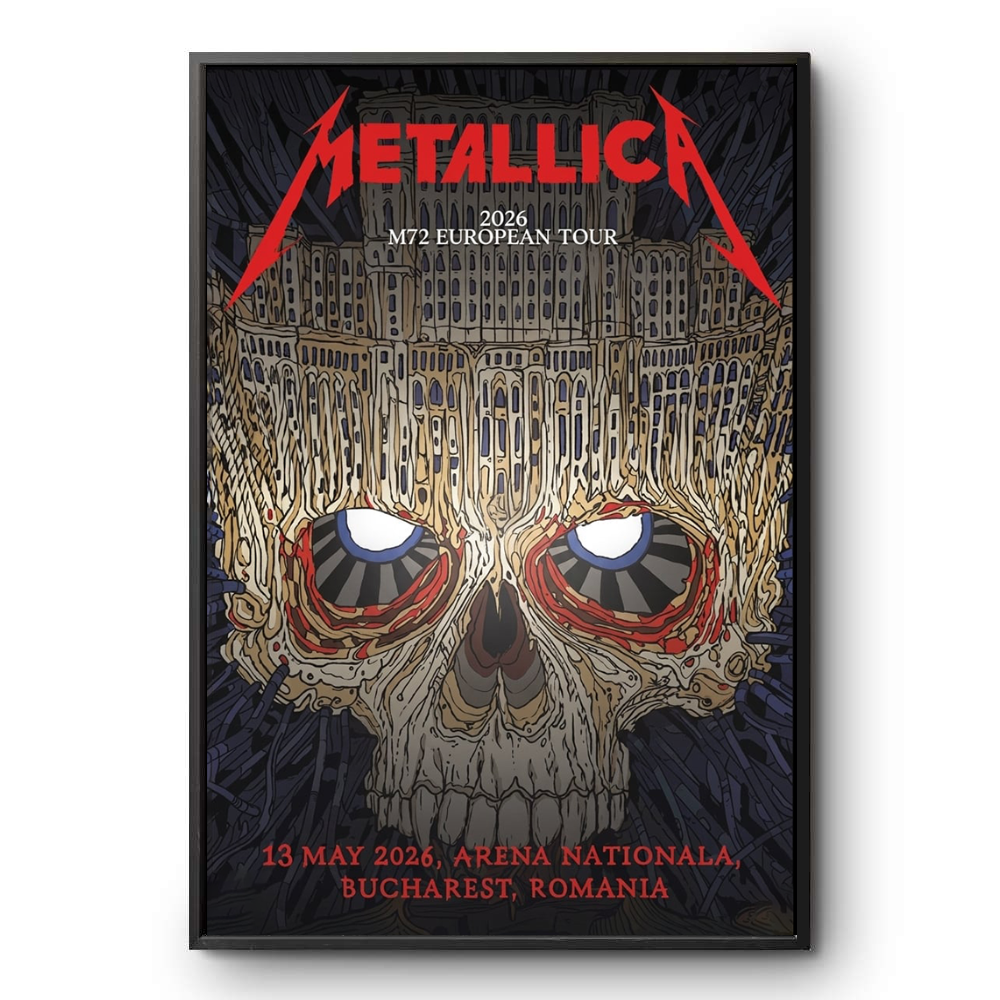 Metallica 2026 M72 European Tour May 13, 2026 Arena Nationala, Bucharest , Romania Palace Of Parliament Skull Art Poster