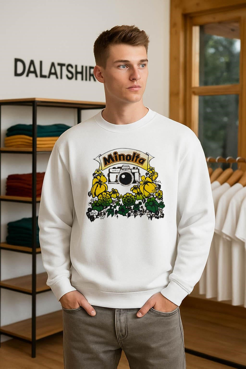 Minolta Camera with Yellow and Green Hibiscus Flowers shirt
