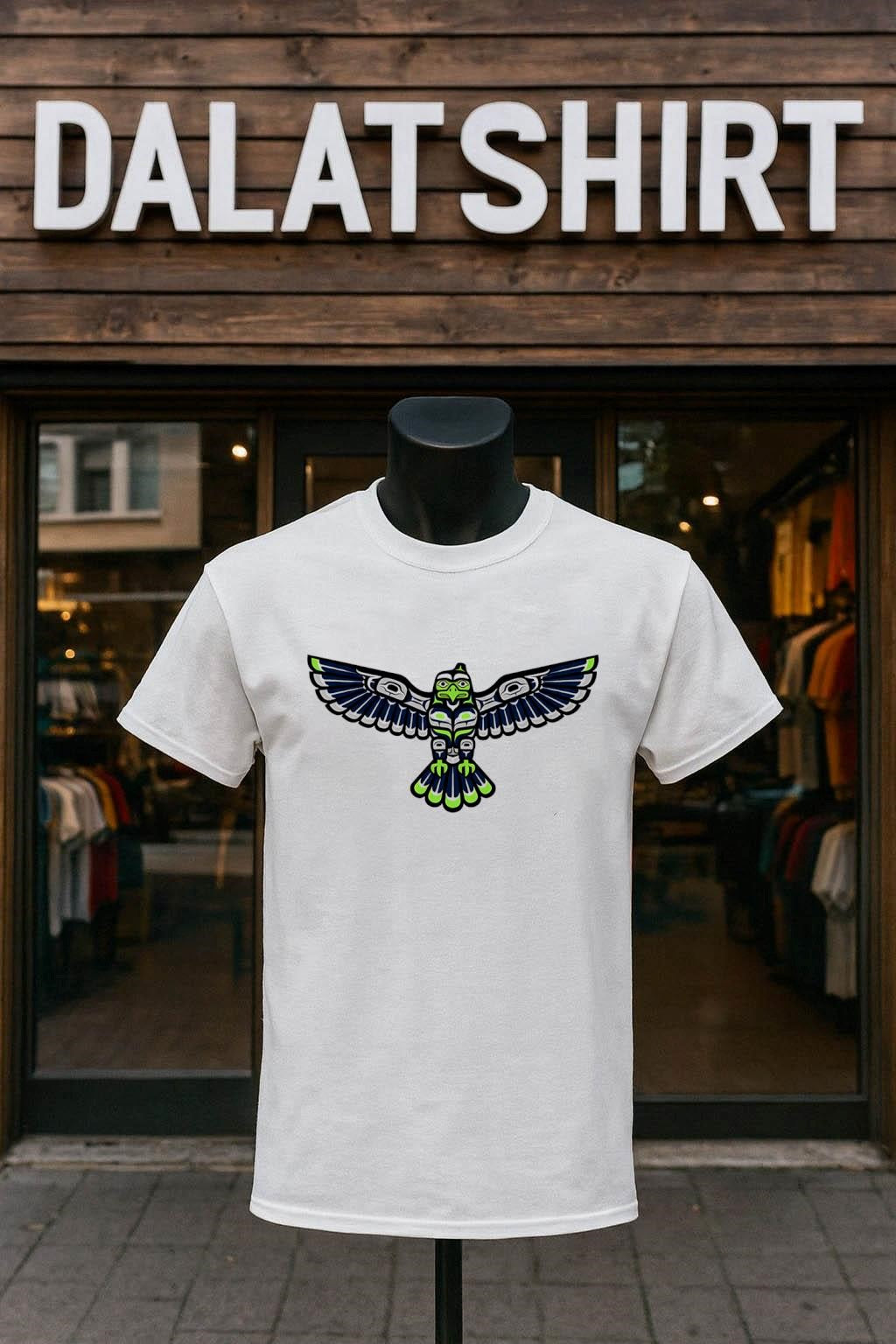 Native American Style Totem Pole Flying Hawk Seattle Colors shirt