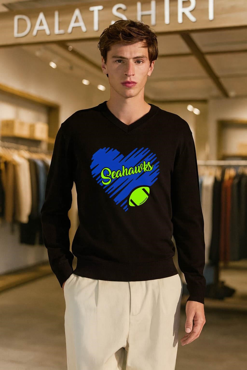 Navy Blue Heart Shape Seahawks Script Text Green Football shirt