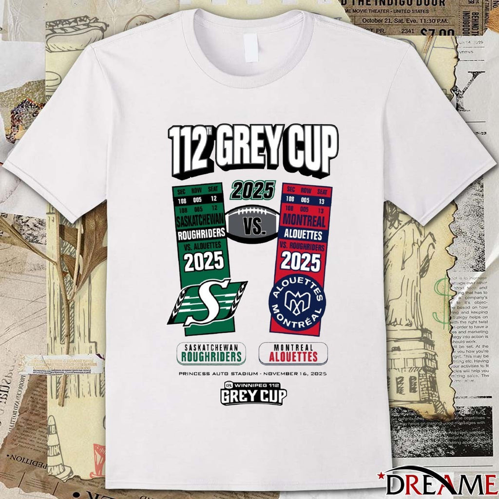 112th Grey Cup Head To Head Saskatchewan Roughriders Vs Montreal Alouettes Princess Auto Stadium November 16, 2025 t-shirt