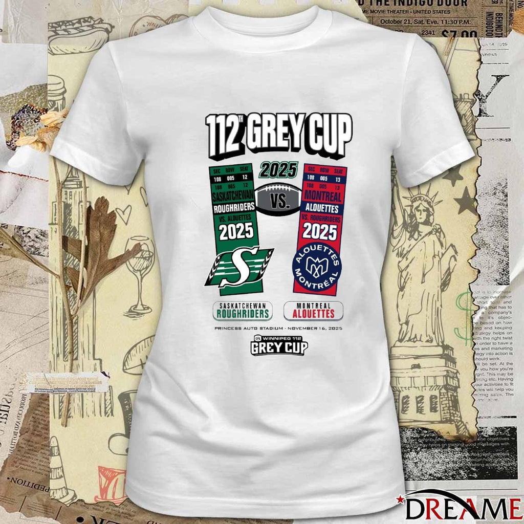 112th Grey Cup Head To Head Saskatchewan Roughriders Vs Montreal Alouettes Princess Auto Stadium November 16, 2025 t-shirt