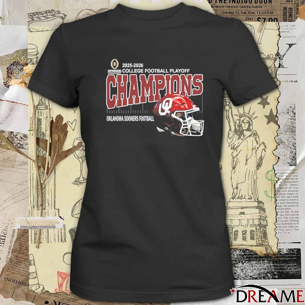 2025 2026 College Football Playoff Champions Oklahoma Sooners Football Helmet Oklahoma Memorial Stadium In Norman Oklahoma t-shirt