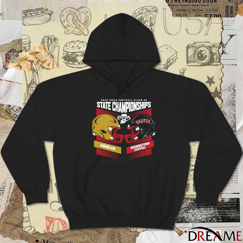 2025 IHSAA Football State Championships Andrean 59ers vs Brownstown Central Braves Head To Head Class 5A t-shirt