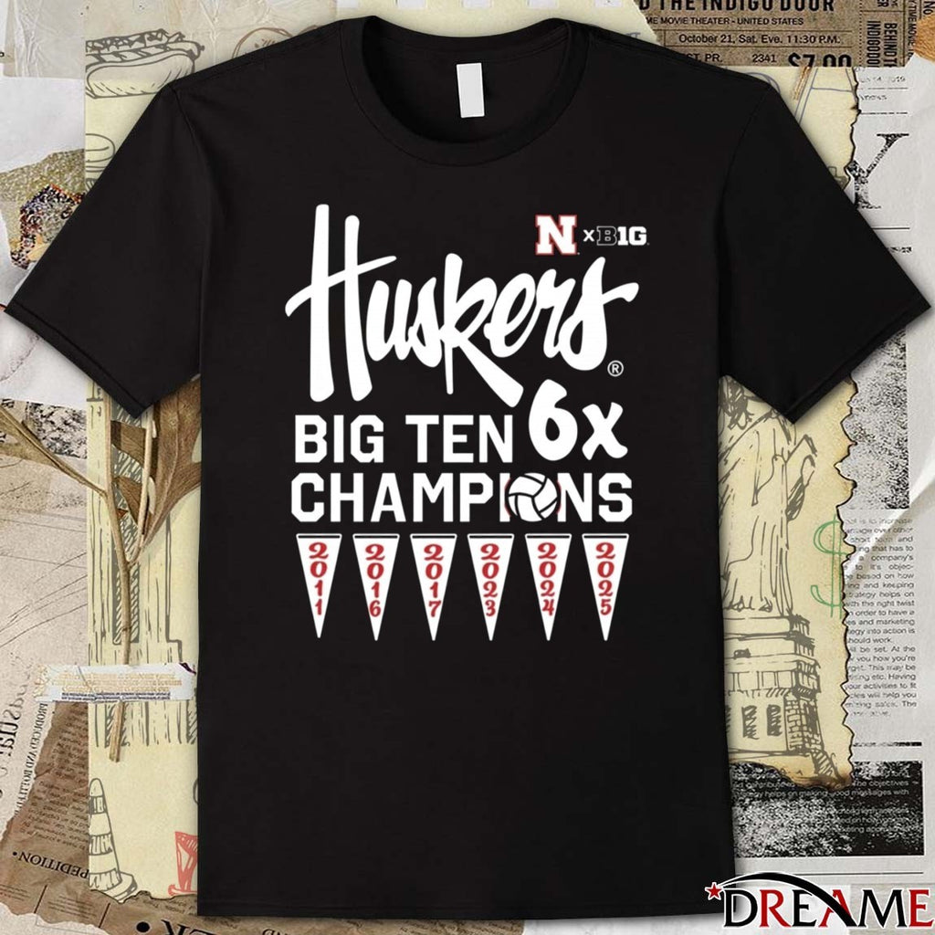 2025 Men’s Nebraska Cornhuskers Red Summit Sportswear Big Ten 6x Volleyball Champions t-shirt