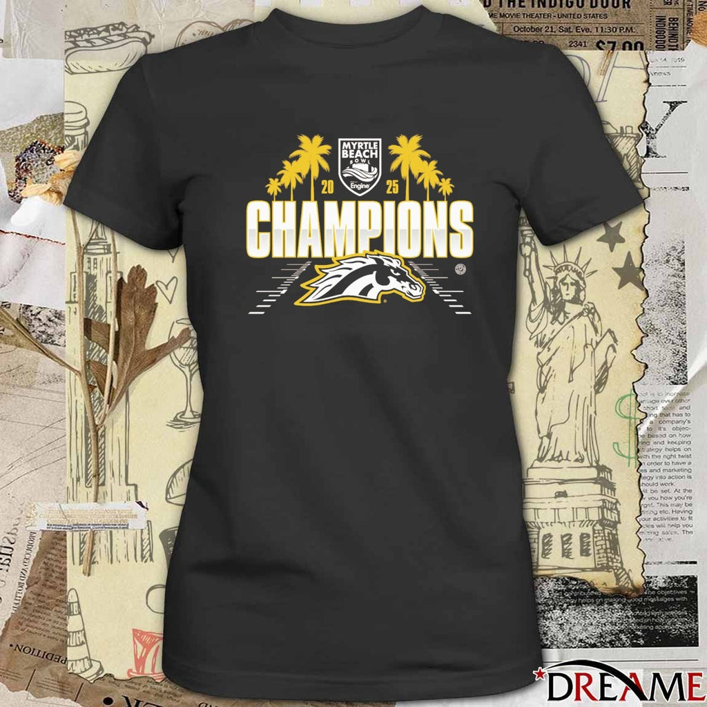 2025 Myrtle Beach Bowl presented by Engine Western Michigan Broncos Football Champions Logos t-shirt