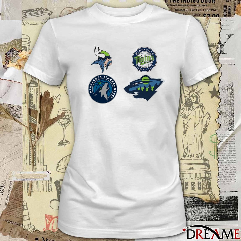 2026 Minnesota Vikings, Minnesota Twins, Minnesota Timberwolves and Minnesota Wild Logos t-shirt